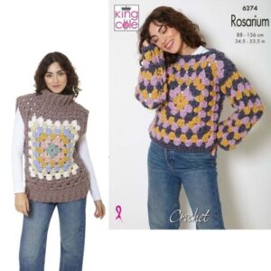 King Cole Rosarium Crochet Granny Square Tops Pattern 6274